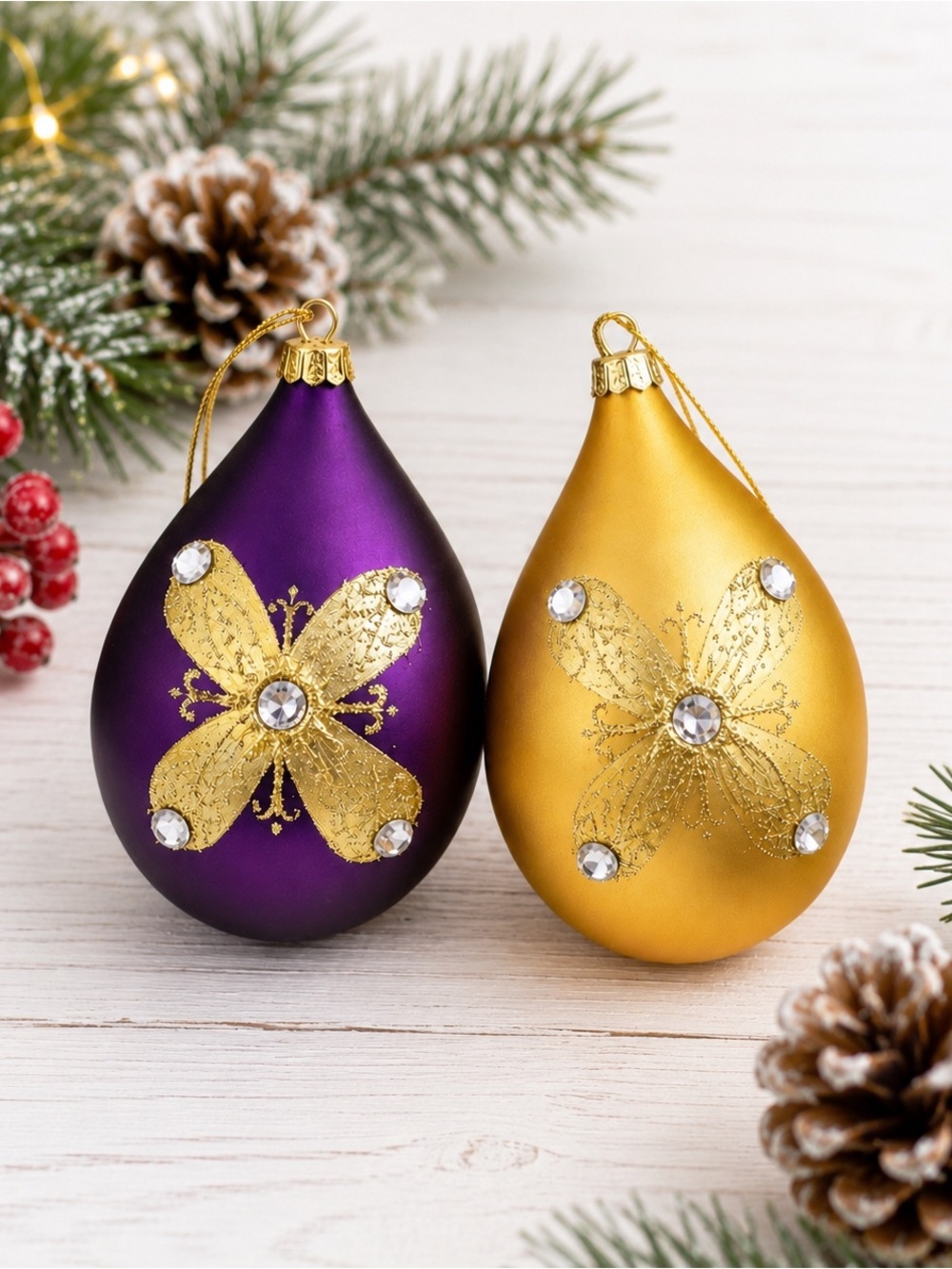 Vintage Dillard’s Glass Teardrop Christmas Ornaments Set 2 Purple Gold Box